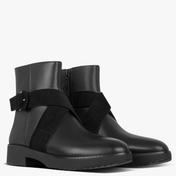 FITFLOP Mona Buckle All Black Leather Ankle Boots Size 10 - Picture 1 of 8